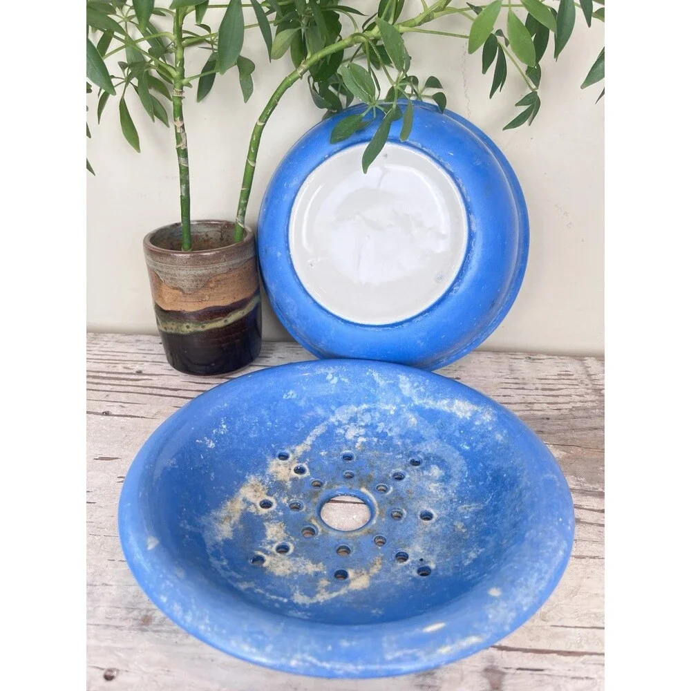 Antique Rare Blue Ceramic Berry Bowl W/ Colindar / Cherry Bowl 8” Cottage Home